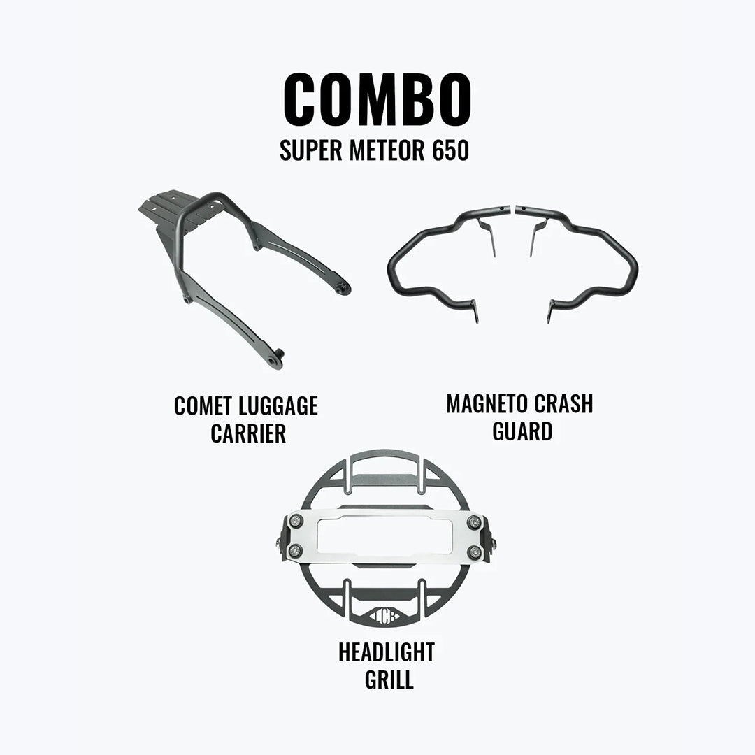 Legundary Super Meteor 650 Combo Cosmic Headlight Grill, Magneto Crash Guard & Comet Luggage Carrier