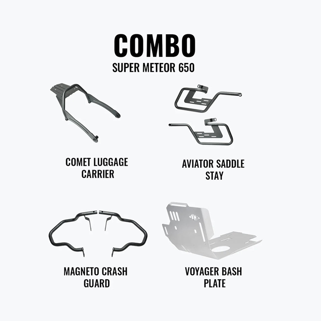 Legundary Super Meteor 650 Mega Combo Magneto Crash Guard, Aviator Saddle Stay, Voyager Bash Plate & Comet Luggage Carrier