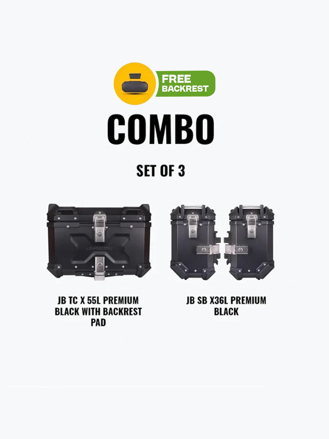 Jb Racing Set Of 3 Combo Of JB TC X 55L Premium Black With Backrest Pad + JB SB X36L Premium Black