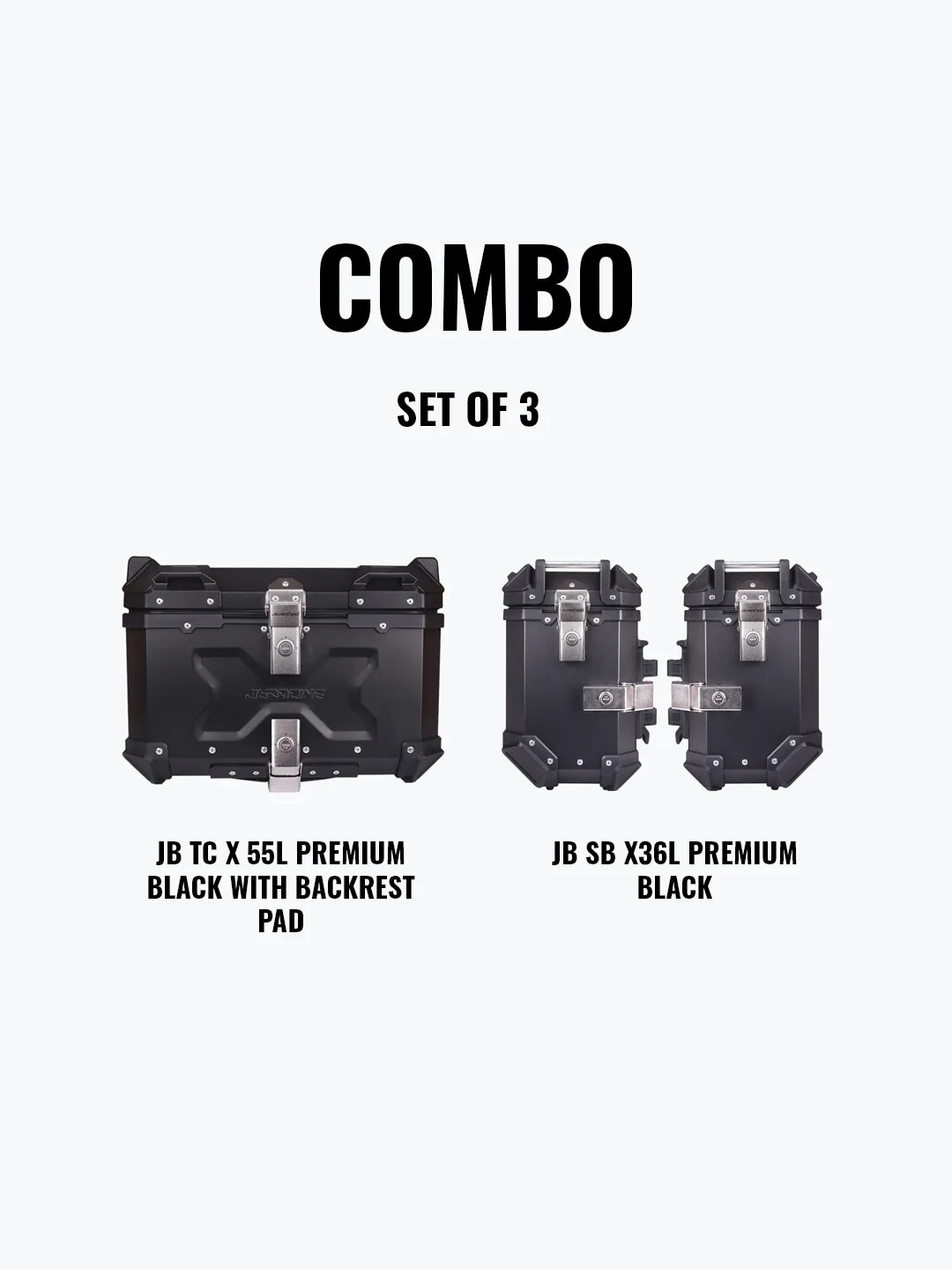Jb Racing Set Of 3 Combo Of JB TC X 55L Premium Black With Backrest Pad + JB SB X36L Premium Black