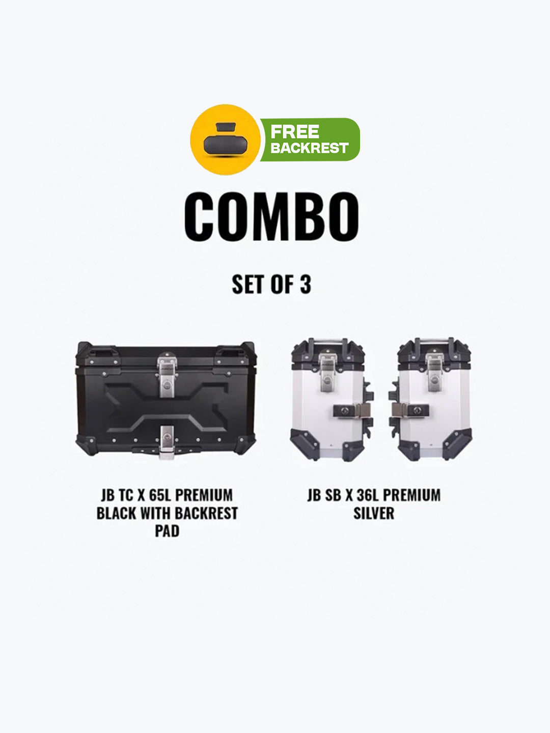 Jb Racing Set Of 3 Combo Of JB TC X 65L Premium Black With Backrest Pad + JB SB X 36L Premium Silver