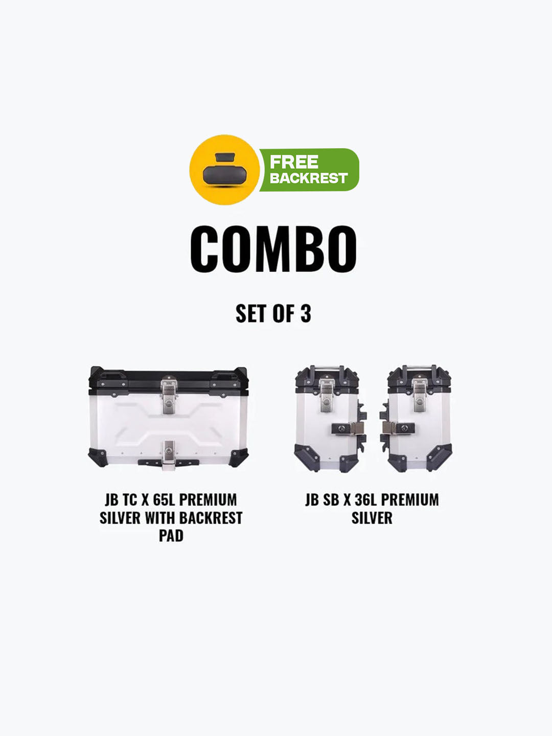 Jb Racing Set Of 3 Combo Of JB TC X 65L Premium Silver With Backrest Pad + JB SB X 36L Premium Silver