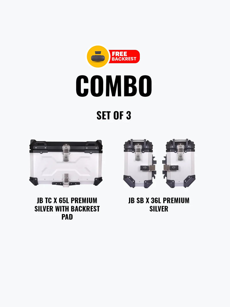 Jb Racing Set Of 3 Combo Of JB TC X 65L Premium Silver With Backrest Pad + JB SB X 36L Premium Silver