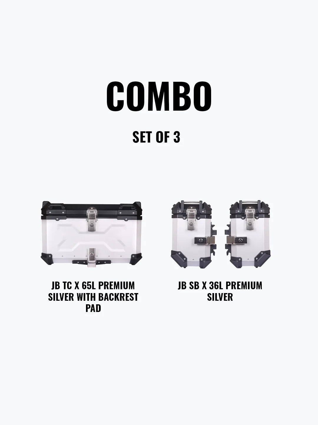 Jb Racing Set Of 3 Combo Of JB TC X 65L Premium Silver With Backrest Pad + JB SB X 36L Premium Silver