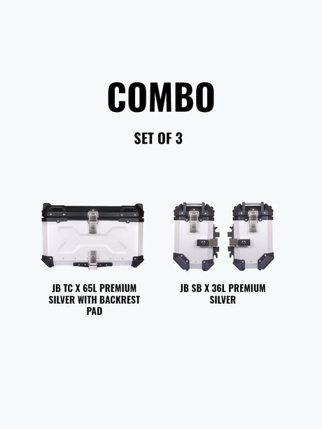 Jb Racing Set Of 3 Combo Of JB TC X 65L Premium Silver With Backrest Pad + JB SB X 36L Premium Silver