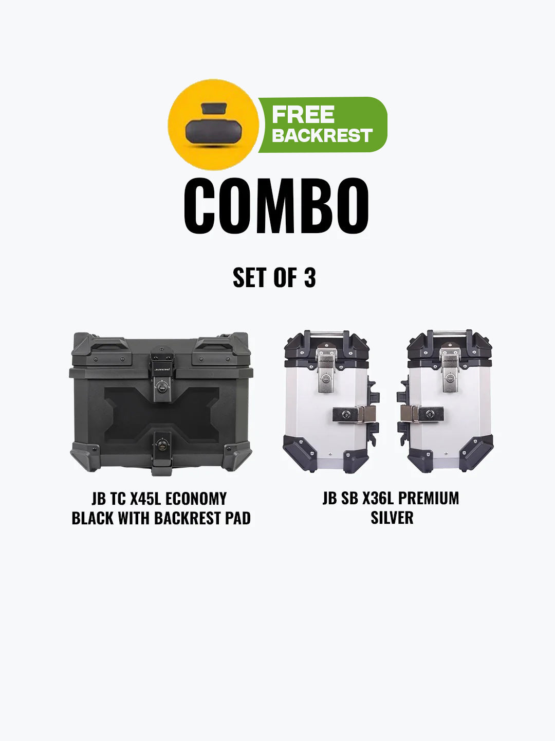 Set Of 3 Combo Of JB TC X45L Economy Black With Backrest Pad + JB SB X 36L Premium Silver