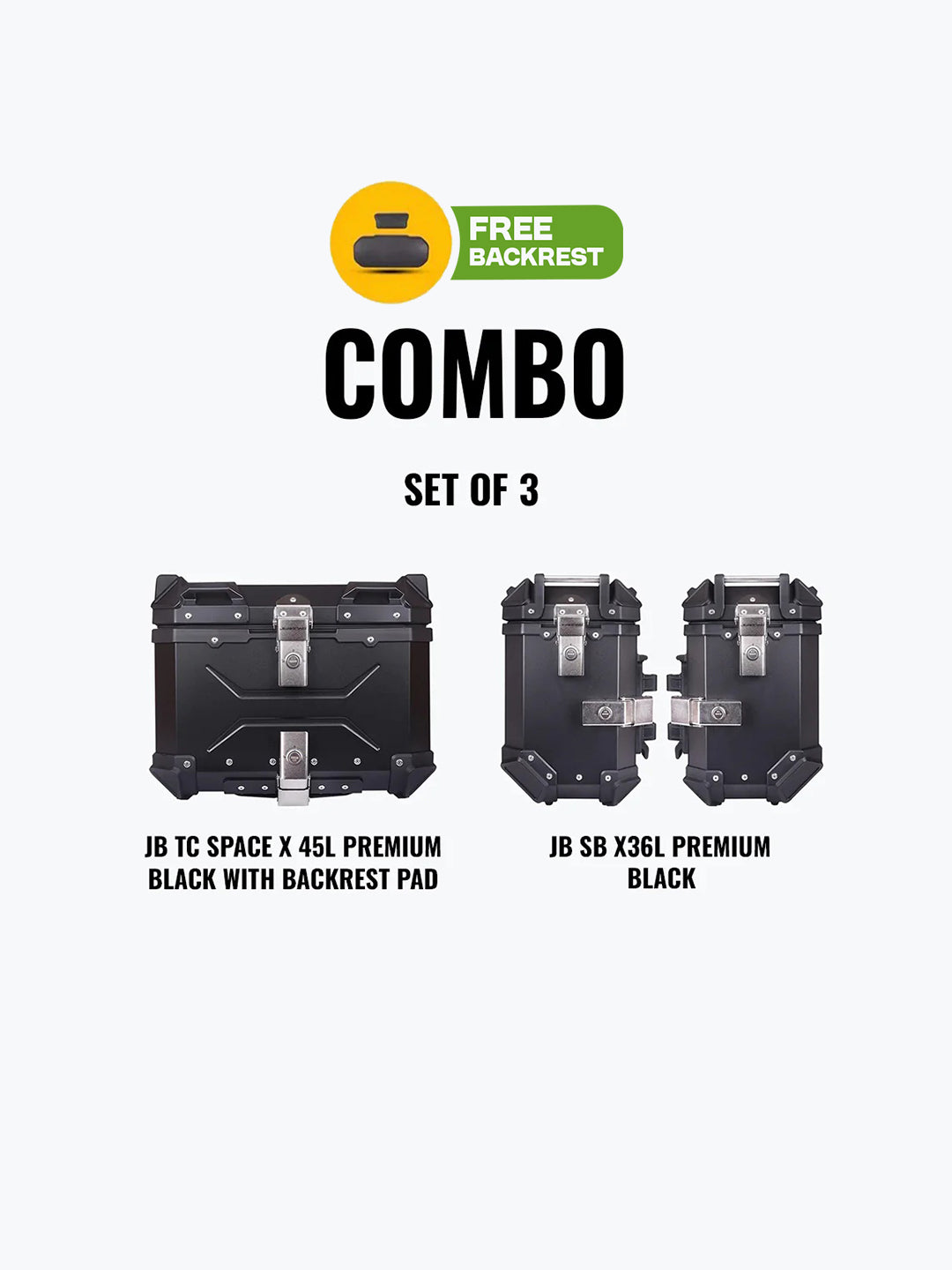 Set Of 3 Combo Of JB TC Space X 45L Premium Black With Backrest Pad + JB SB X36L Premium Black