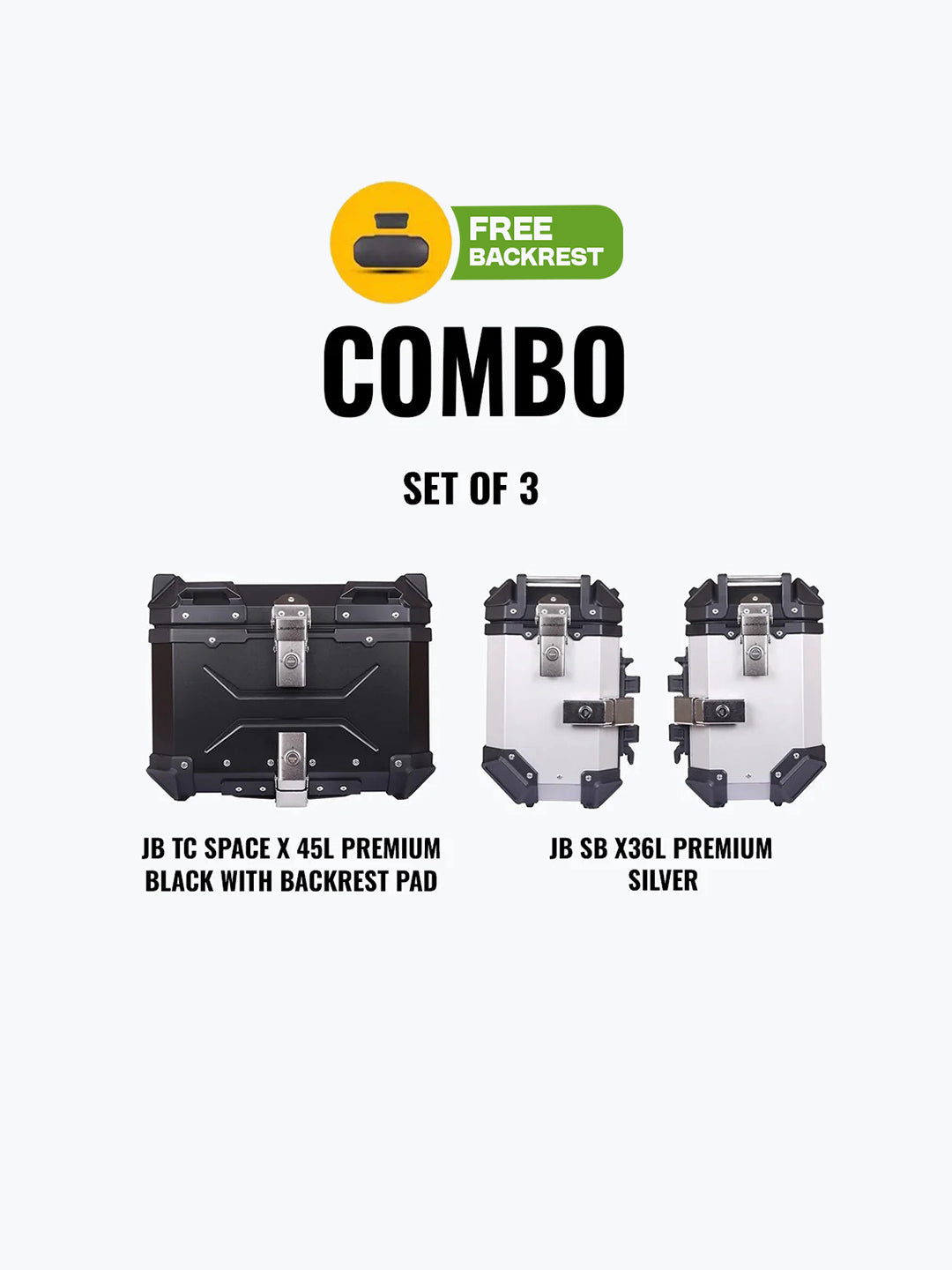 Set Of 3 Combo Of JB TC Space X 45L Premium Black With Backrest Pad + JB SB X36L Premium Silver