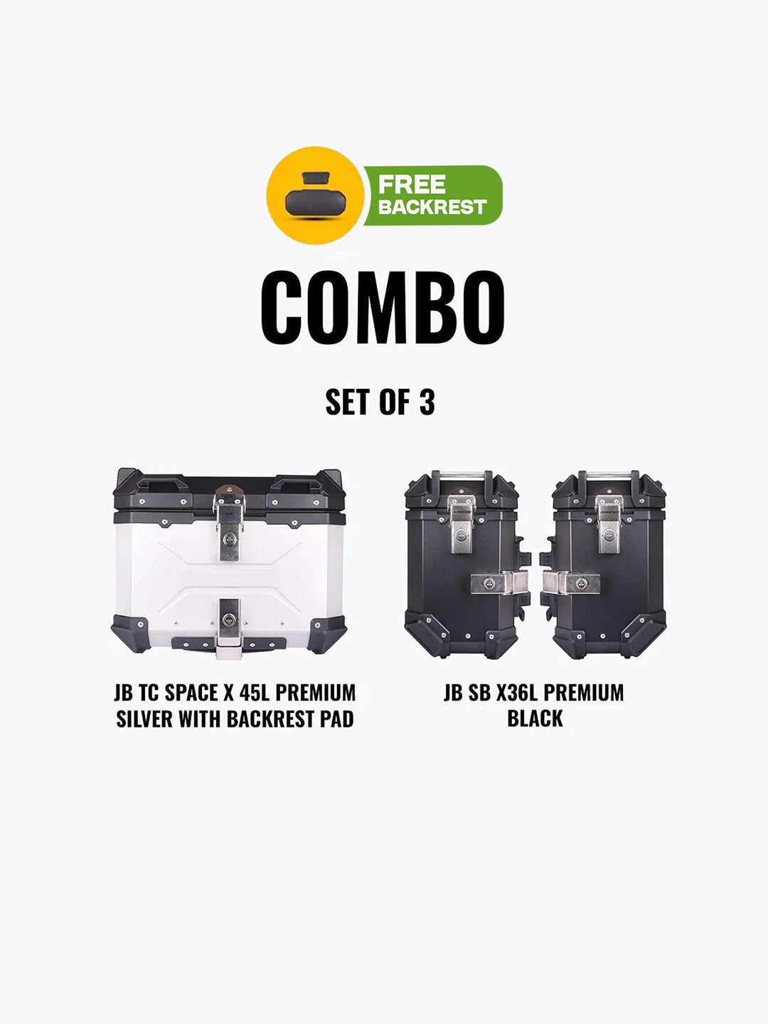 Jb Racing Set Of 3 Combo Of JB TC Space X 45L Premium Silver With Backrest Pad + JB SB X36L Premium Black