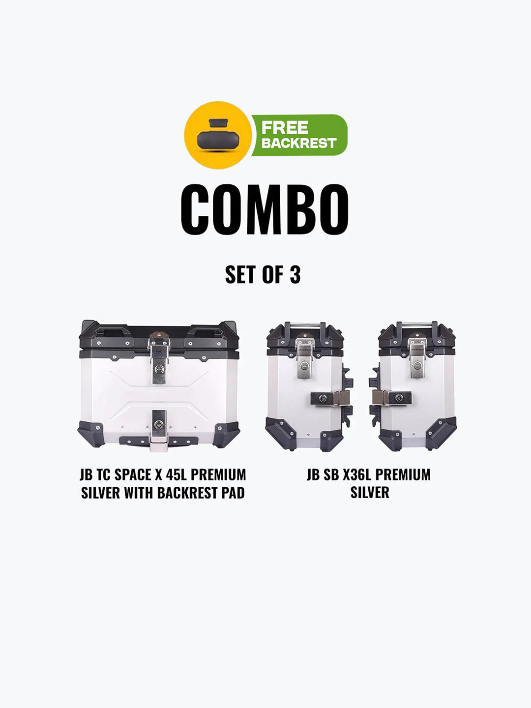 Jb Racing Set Of 3 Combo Of JB TC Space X 45L Premium Silver With Backrest Pad + JB SB X36L Premium Silver