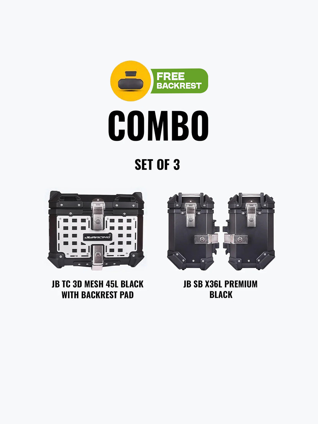 Set Of 3 Combo Of JB TC 3D Mesh 45L Black With Backrest Pad + JB SB X36L Premium Black