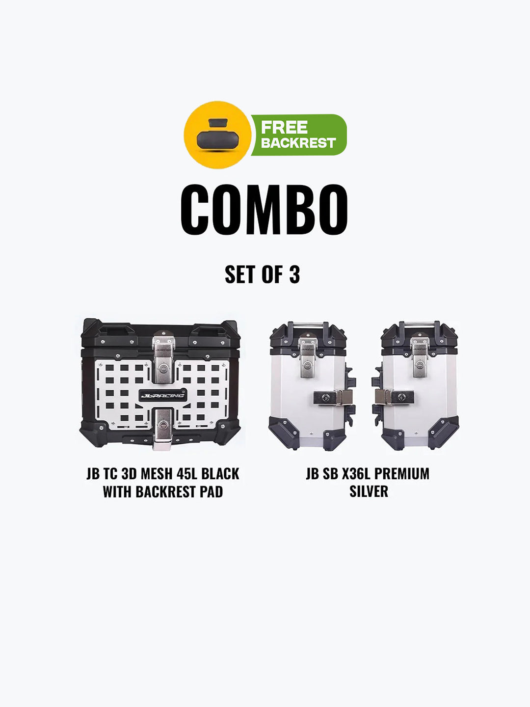 Set Of 3 Combo Of JB TC 3D Mesh 45L Black With Backrest Pad + JB SB X36L Premium Silver