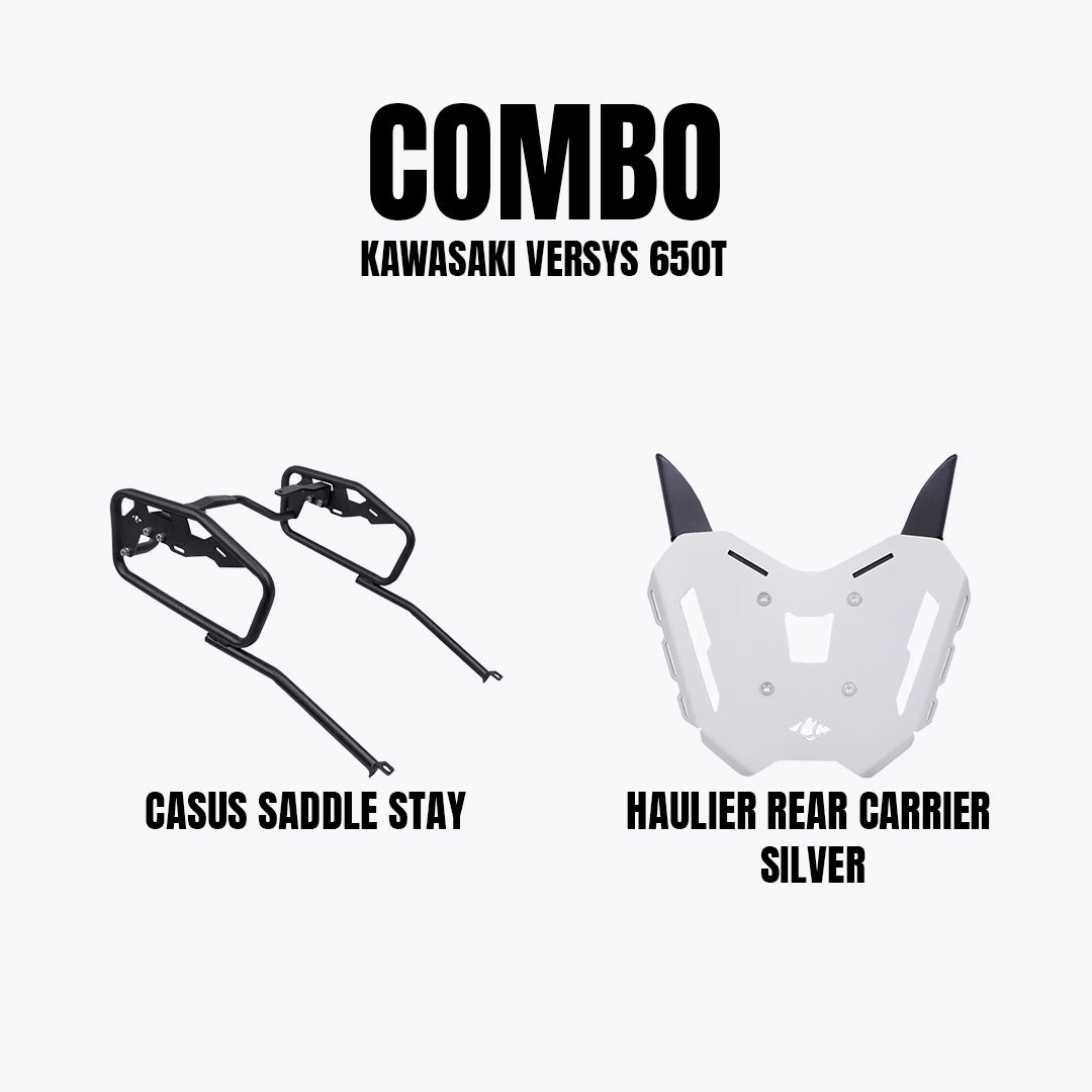 Legundary Kawasaki Versys 650 Haulier Rear Carrier Silver & Casus Saddle Stay Combo