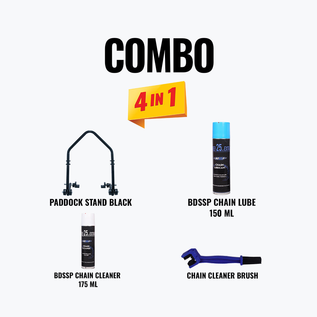 Paddock Stand Lift Lite Dismantle Black + BDSSP Chain Lube 175 ML + BDSSP Chain Cleaner 175 ML + Chain Cleaner Brush Blue