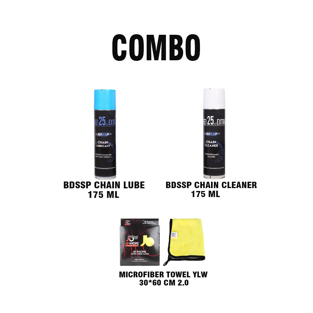 BDSSP CHAIN CLEANER 175 ML + BDSSP CHAIN LUBE 175 ML + JB RACING MICROFIBER TOWEL YLW 30*60 CM 2.0