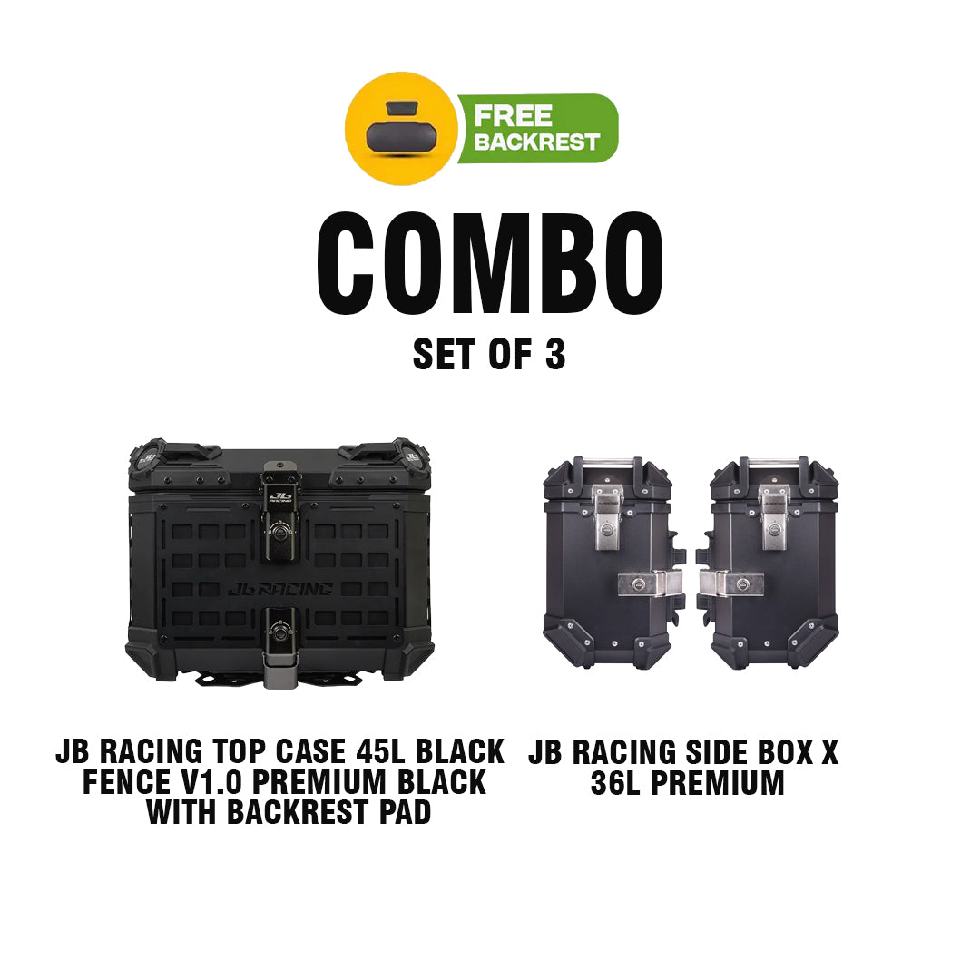 SET OF 3 COMBO OF JB RACING TC 45L BLACK FENCE V1.0 PREMIUM BLACK WITH BACKREST PAD + JB RACING SB X 36L PREMIUM BLACK