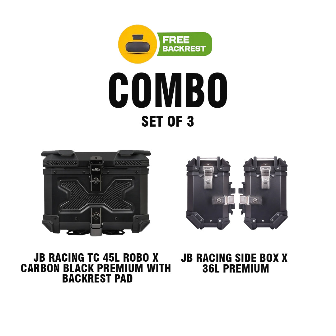SET OF 3 COMBO OF JB RACING TC 45L ROBO X CARBON BLACK PREMIUM WITH BACKREST PAD + JB RACING SB X 36L PREMIUM BLACK