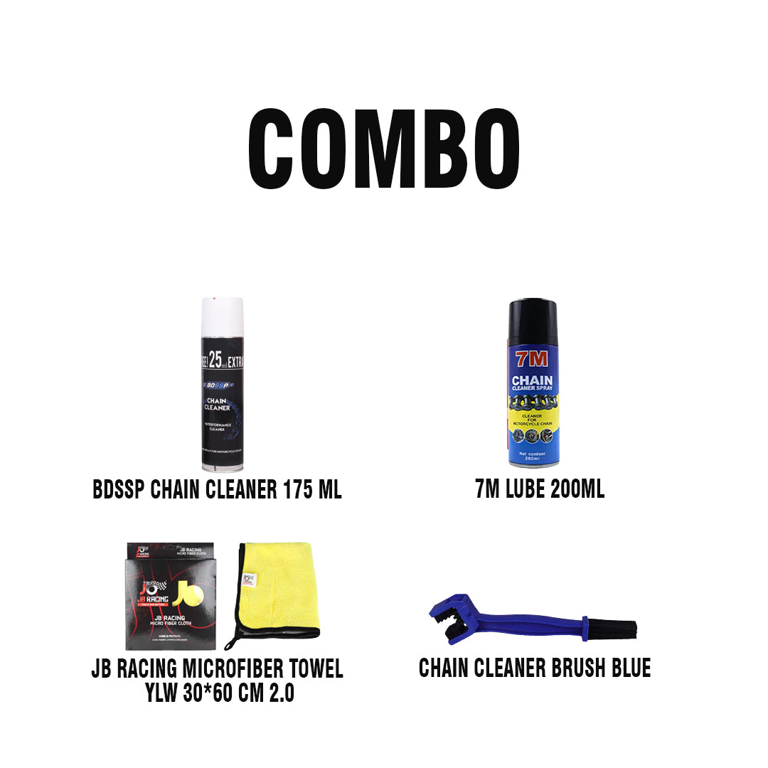 JB RACING MICROFIBER TOWEL YLW 30*60 CM 2.0+BDSSP CHAIN CLEANER 175ML+7M LUBE 200ML+CHAIN CLEANER BRUSH BLUE