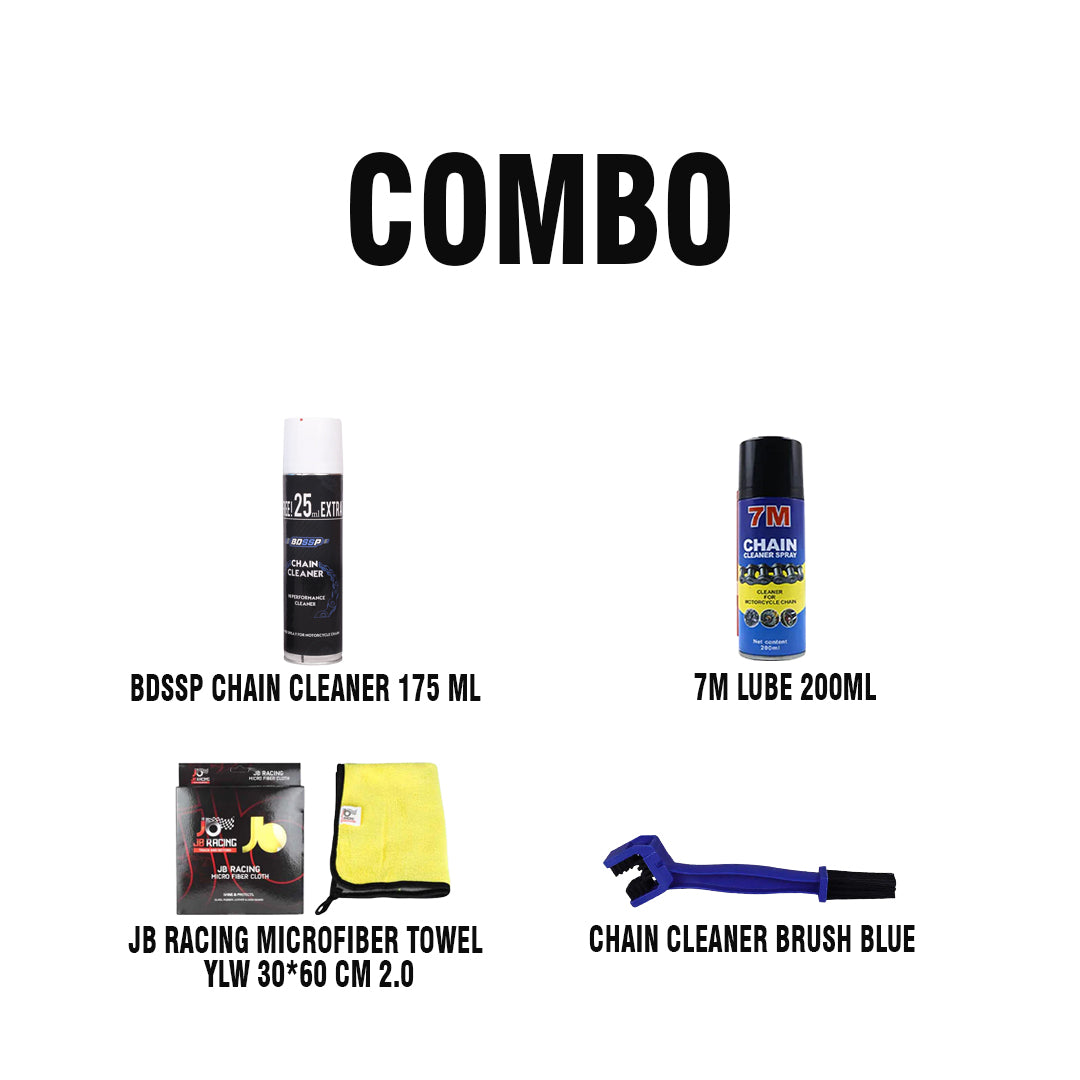 JB RACING MICROFIBER TOWEL YLW 30*40 CM 1.0+BDSSP CHAIN CLEANER 175ML+7M LUBE 200ML+CHAIN CLEANER BRUSH BLUE