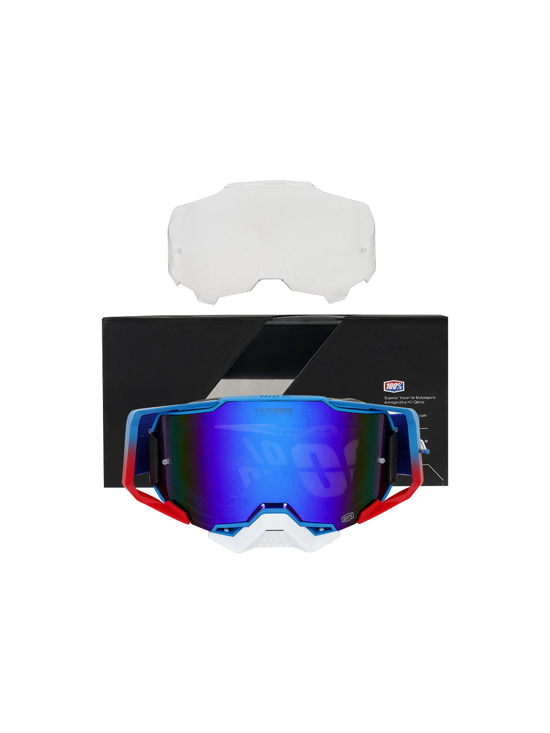 100% Armega Replica Goggles With Box BLU RED.F WHT.N BLUE Tint