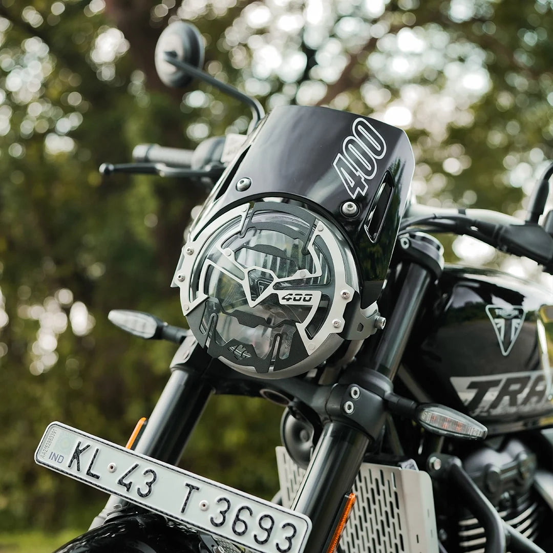 LEGUNDARY TRIUMPH TRACKER 400 COSMIC HEADLIGHT GRILL BLACK & SLIVER,