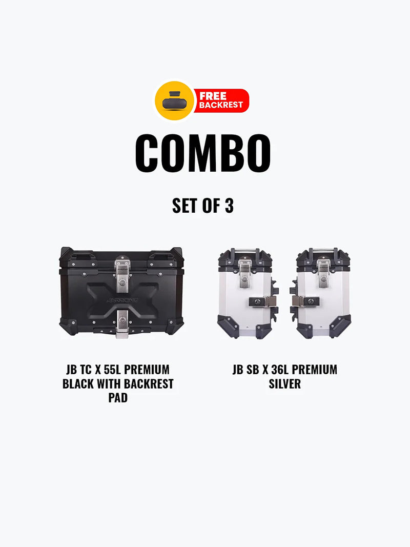 Set Of 3 Combo Of JB TC X 55L Premium Black With Backrest Pad + JB SB X36L Premium Silver