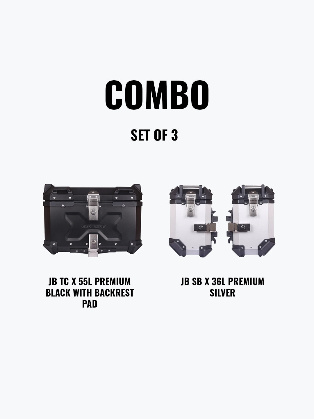 Set Of 3 Combo Of JB TC X 55L Premium Black With Backrest Pad + JB SB X36L Premium Silver