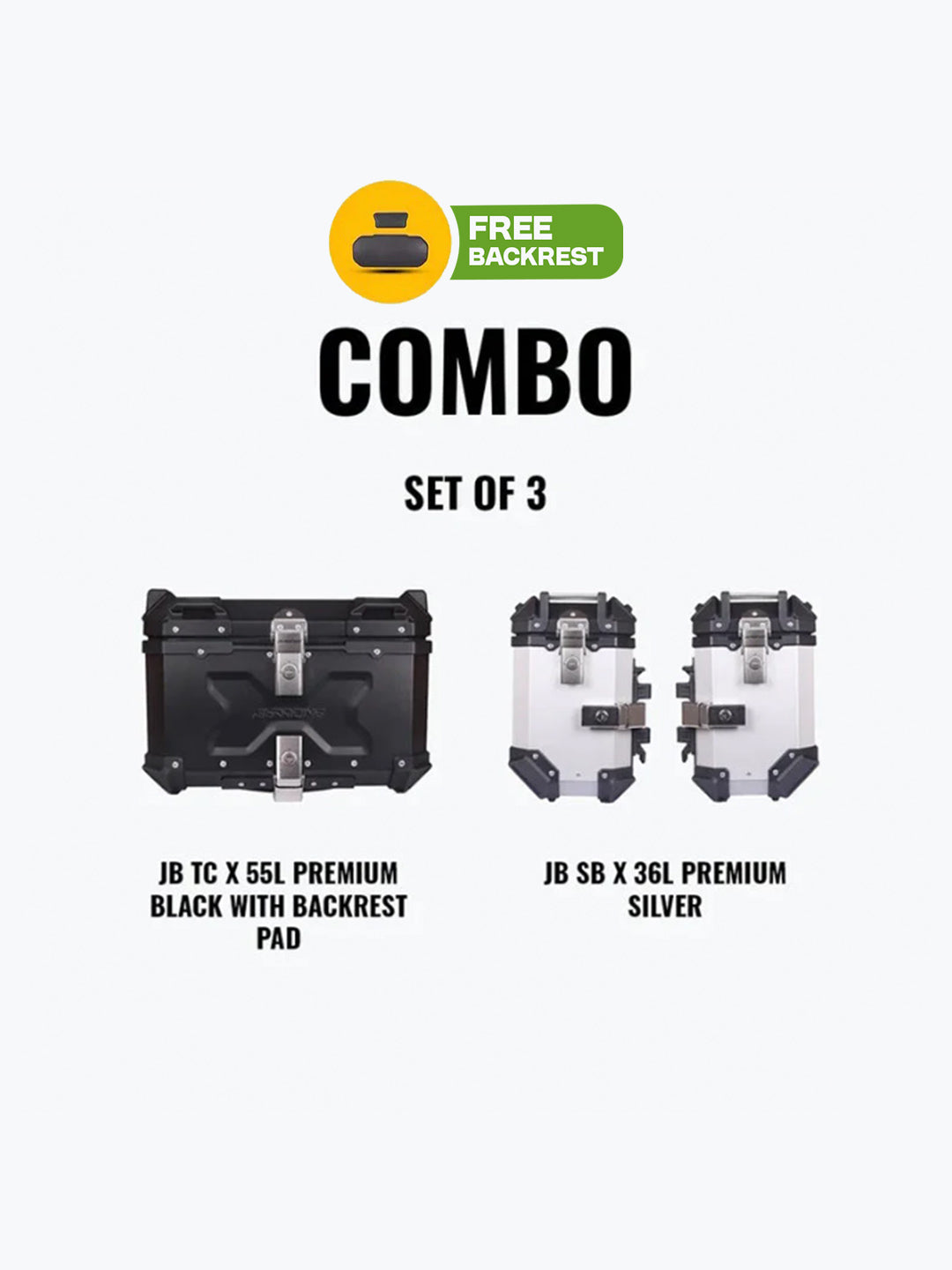 Jb Racing Set Of 3 Combo Of JB TC X 55L Premium Black With Backrest Pad + JB SB X36L Premium Silver