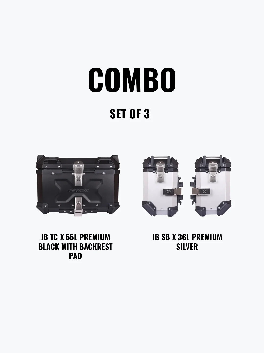 Jb Racing Set Of 3 Combo Of JB TC X 55L Premium Black With Backrest Pad + JB SB X36L Premium Silver