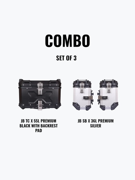 Jb Racing Set Of 3 Combo Of JB TC X 55L Premium Black With Backrest Pad + JB SB X36L Premium Silver