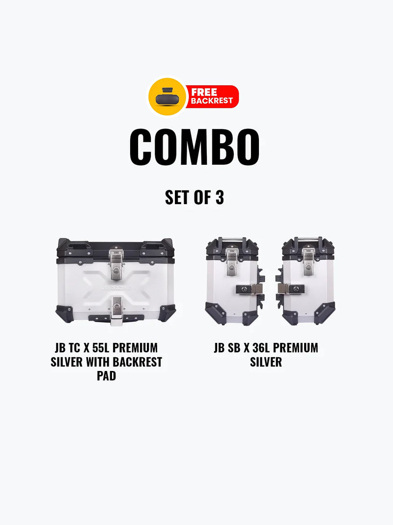 Set Of 3 Combo OF JB TC X 55L Premium Silver With Backrest Pad + JB SB X36L Premium Silver