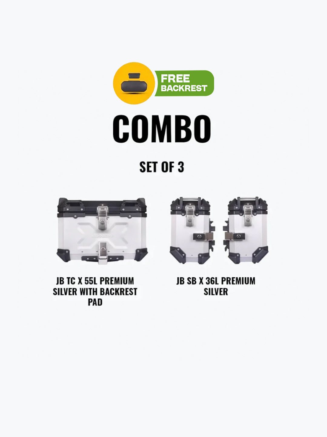 Jb Racing Set Of 3 Combo OF JB TC X 55L Premium Silver With Backrest Pad + JB SB X36L Premium Silver