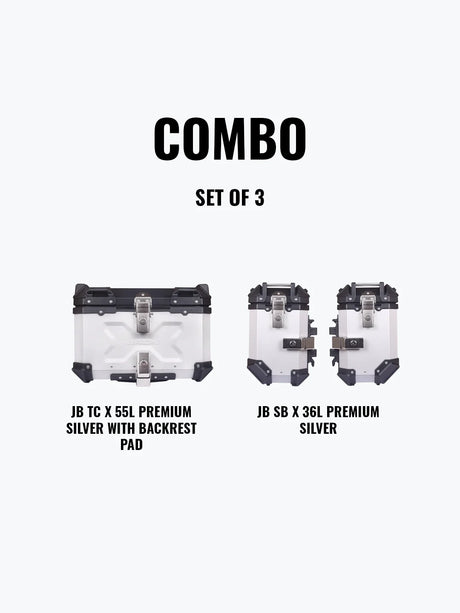 Jb Racing Set Of 3 Combo OF JB TC X 55L Premium Silver With Backrest Pad + JB SB X36L Premium Silver
