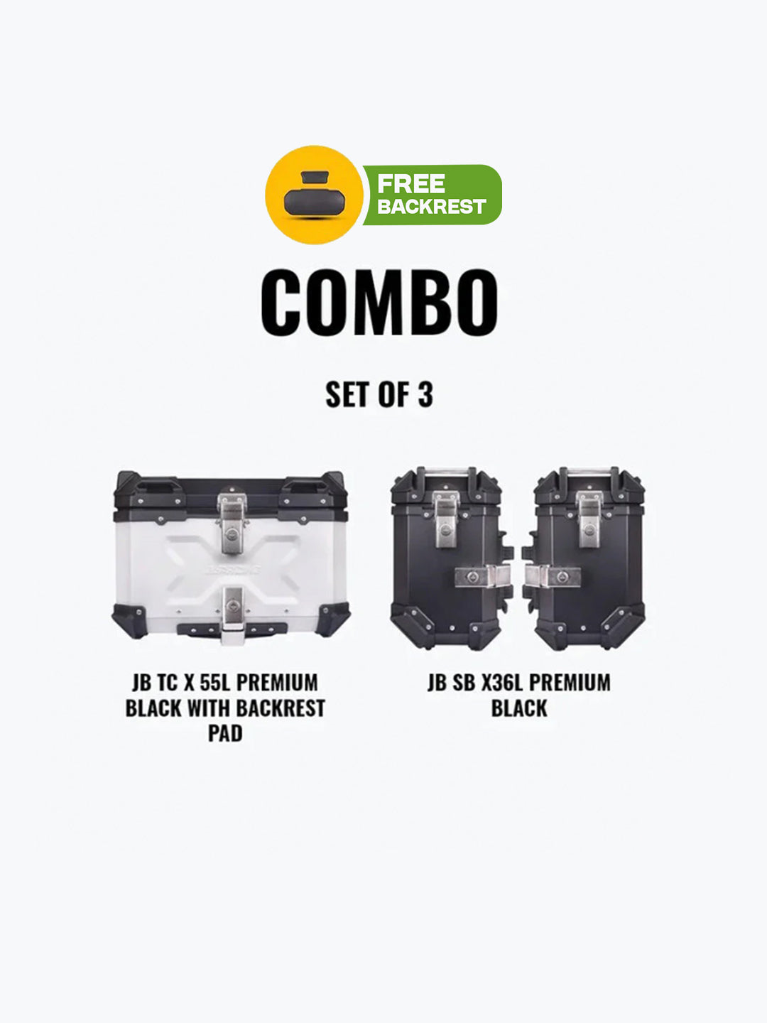 Jb Racing Set Of 3 Combo Of JB TC X 55L Premium Silver With Backrest Pad + JB SB X36L Premium Black