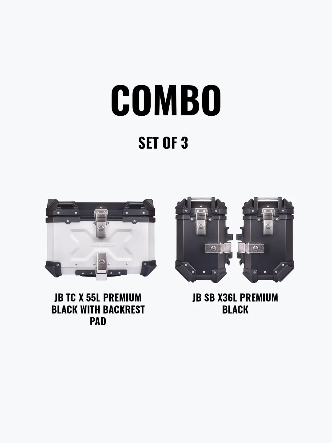 Jb Racing Set Of 3 Combo Of JB TC X 55L Premium Silver With Backrest Pad + JB SB X36L Premium Black