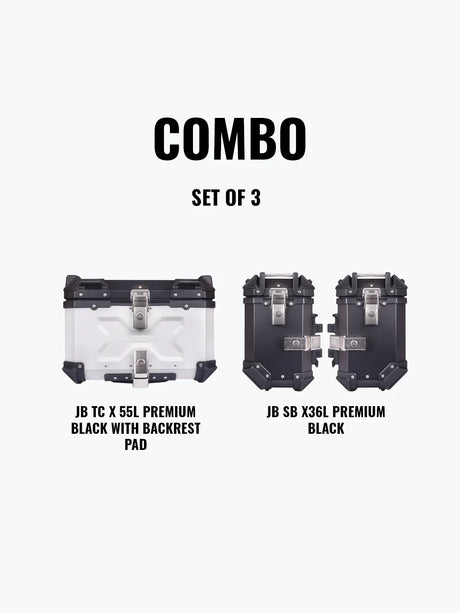 Jb Racing Set Of 3 Combo Of JB TC X 55L Premium Silver With Backrest Pad + JB SB X36L Premium Black