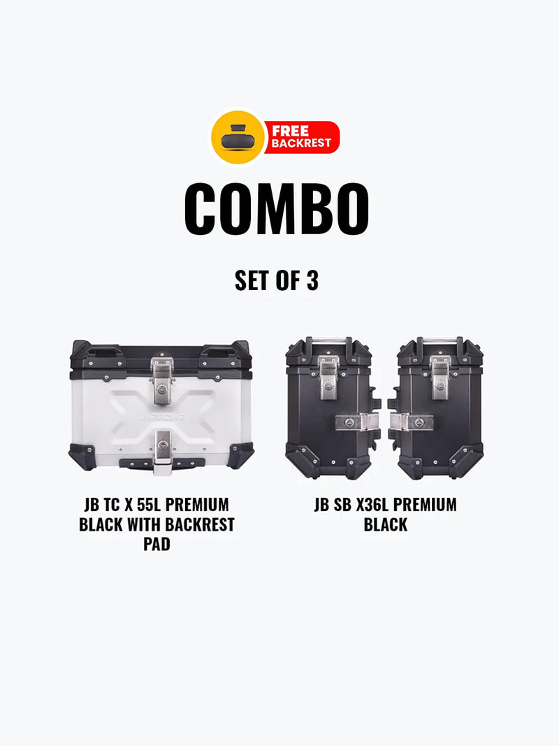 Jb Racing Set Of 3 Combo Of JB TC X 55L Premium Silver With Backrest Pad + JB SB X36L Premium Black