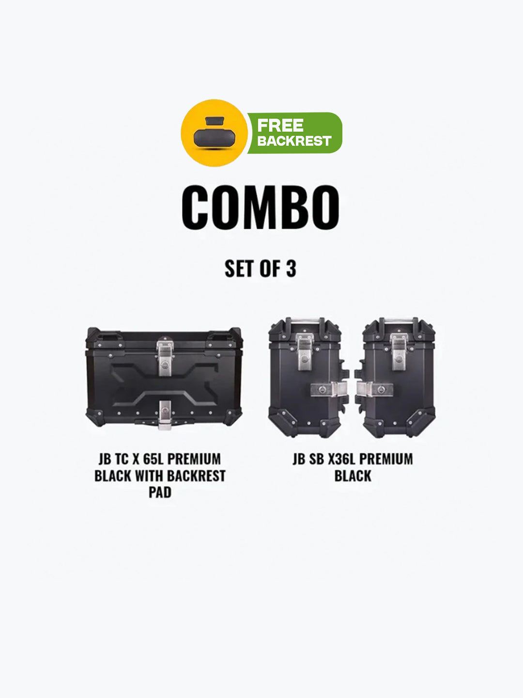 Jb Racing Set Of 3 Combo Of JB TC X 65L Premium Black With Backrest Pad + JB SB X36L Premium Black