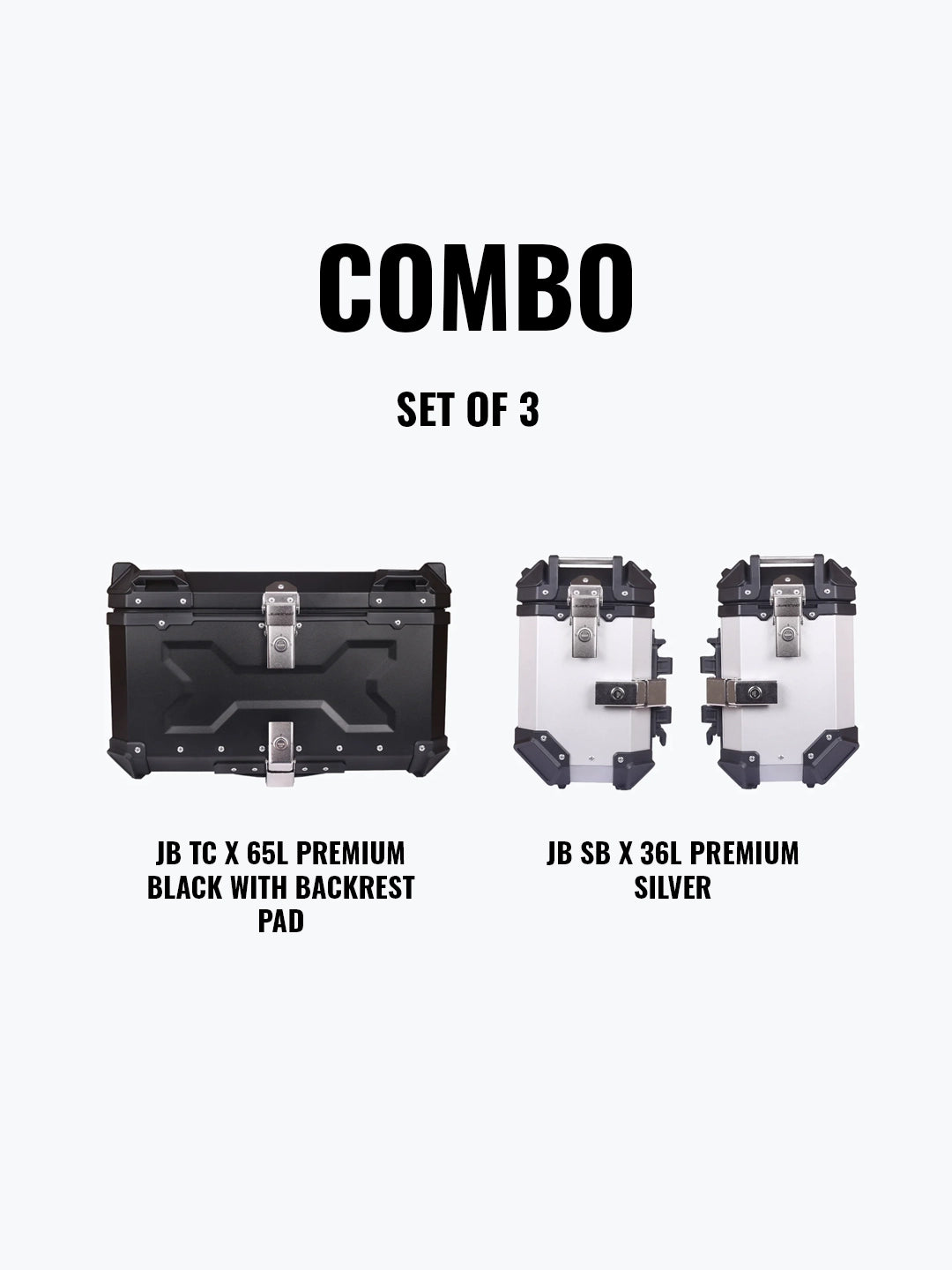 Set Of 3 Combo Of JB TC X 65L Premium Black With Backrest Pad + JB SB X 36L Premium Silver