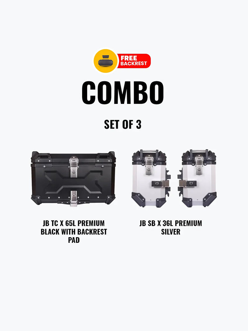 Jb Racing Set Of 3 Combo Of JB TC X 65L Premium Black With Backrest Pad + JB SB X 36L Premium Silver