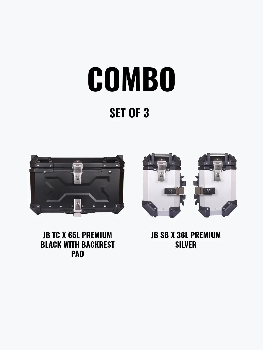 Jb Racing Set Of 3 Combo Of JB TC X 65L Premium Black With Backrest Pad + JB SB X 36L Premium Silver