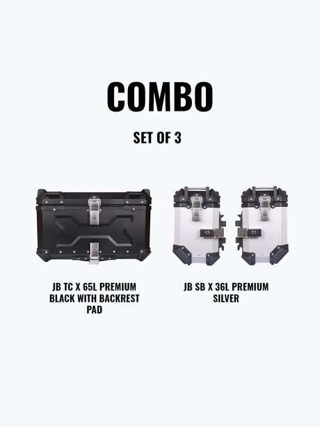 Jb Racing Set Of 3 Combo Of JB TC X 65L Premium Black With Backrest Pad + JB SB X 36L Premium Silver