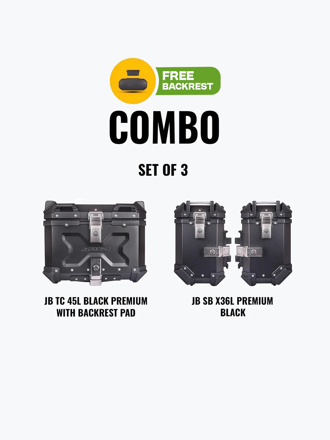 JB Racing Set Of 3 Combo Of JB TC 45L Black Premium With Backrest Pad + JB SB X36L Premium Black