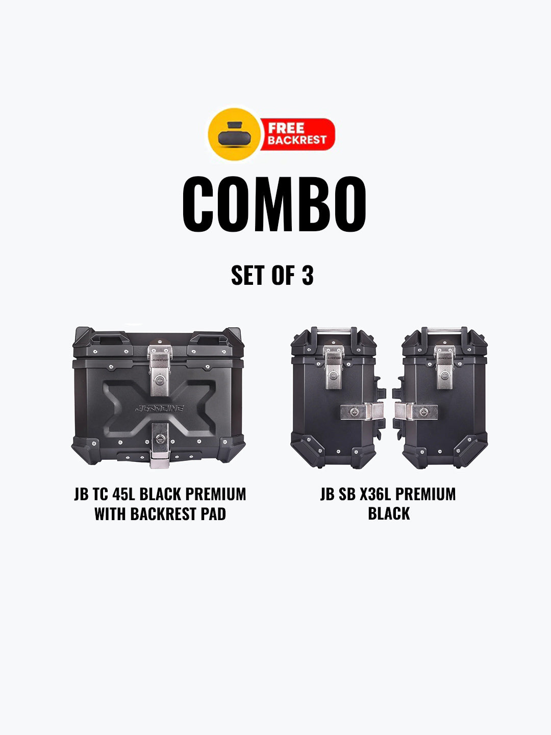 JB Racing Set Of 3 Combo Of JB TC 45L Black Premium With Backrest Pad + JB SB X36L Premium Black