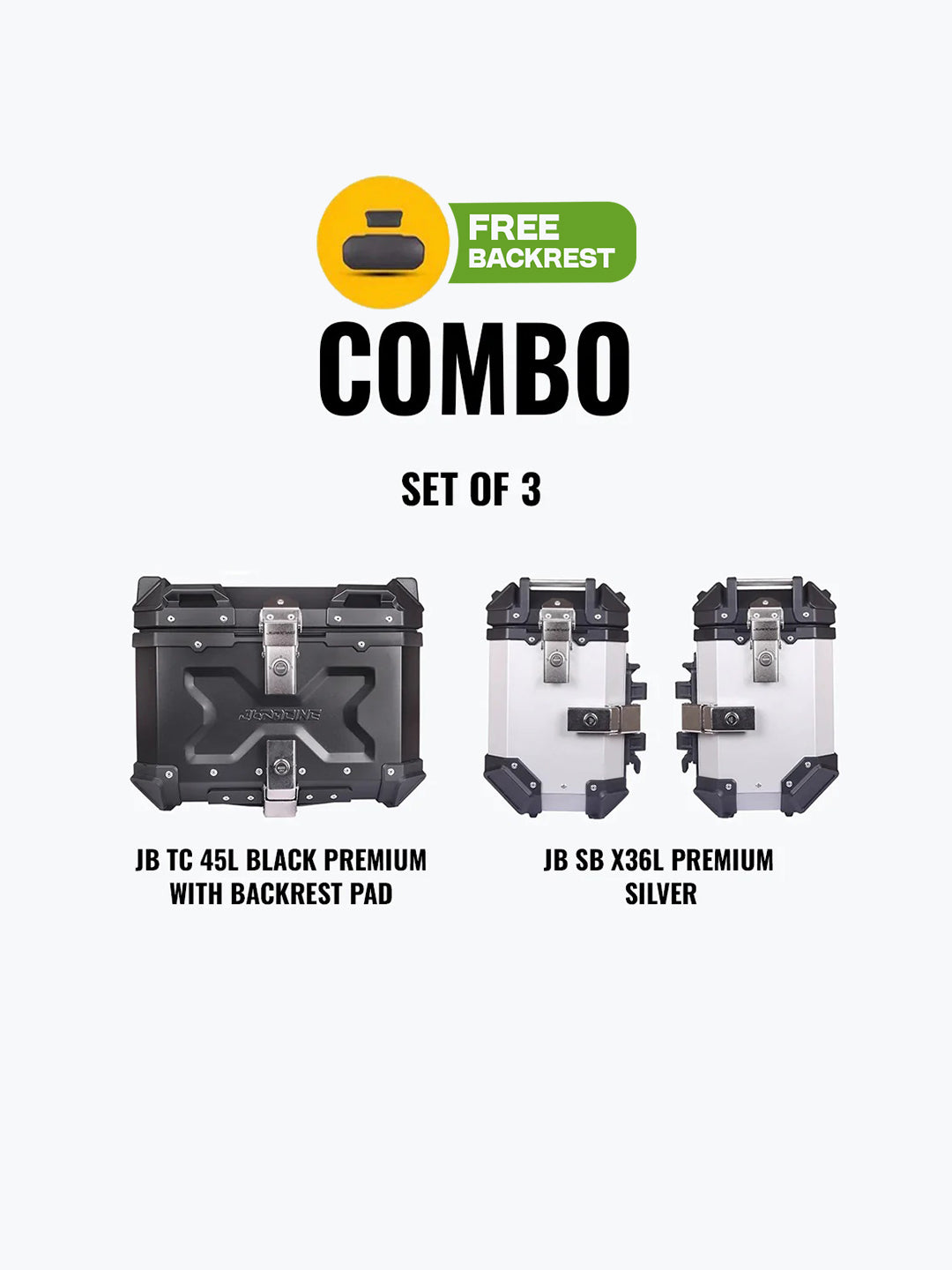 JB Racing Set Of 3 Combo Of JB TC 45L Black Premium With Backrest Pad + JB SB X36L Premium Silver