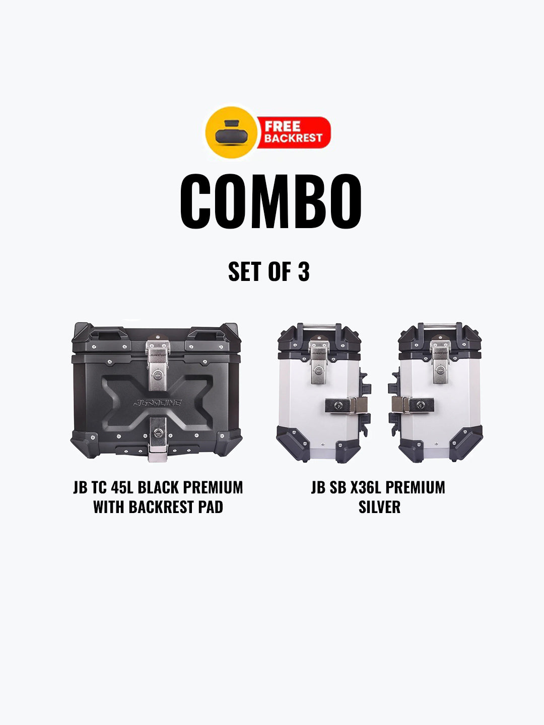 JB Racing Set Of 3 Combo Of JB TC 45L Black Premium With Backrest Pad + JB SB X36L Premium Silver