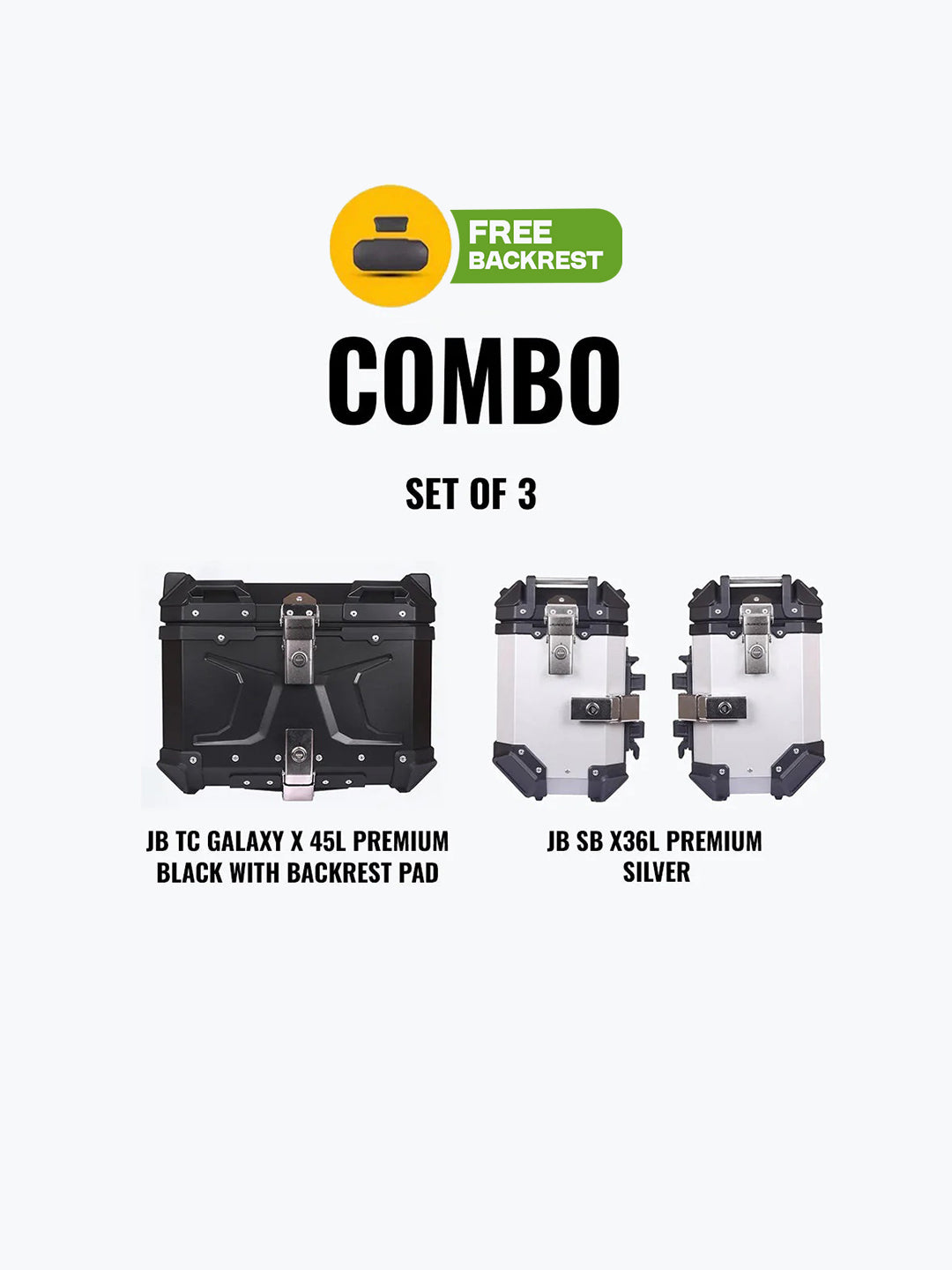 Set Of 3 Combo Of JB TC Galaxy X 45L Premium Black With Backrest Pad + JB SB X36L Premium Silver