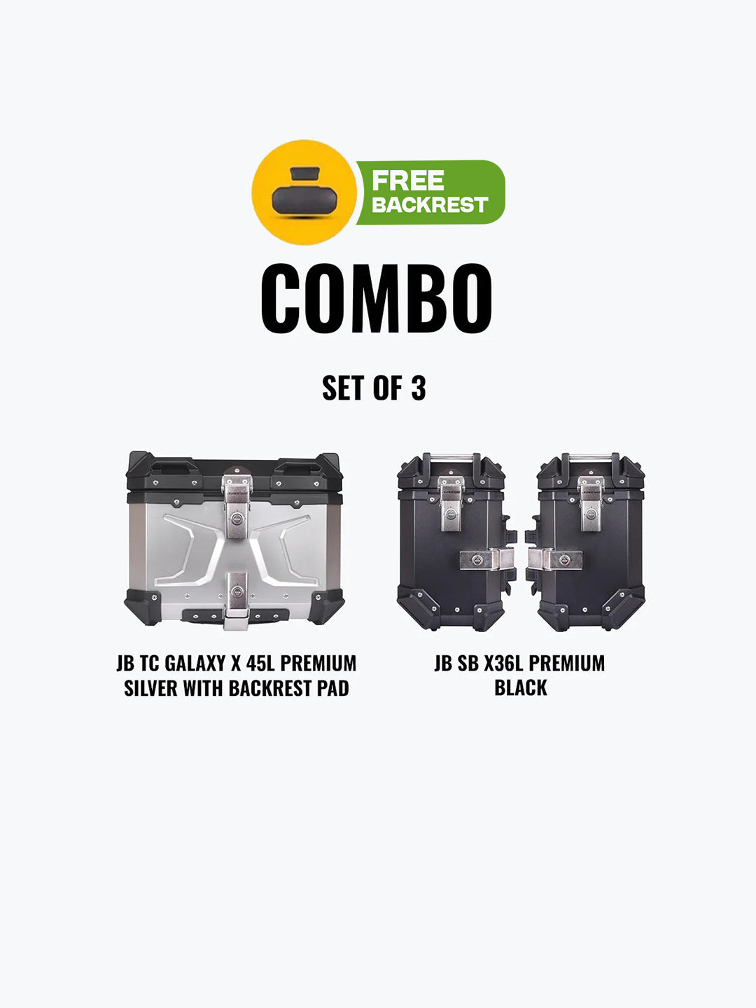 JB Racing Set Of 3 Combo Of JB TC Galaxy X 45L Premium Silver With Backrest Pad + JB SB X36L Premium Black