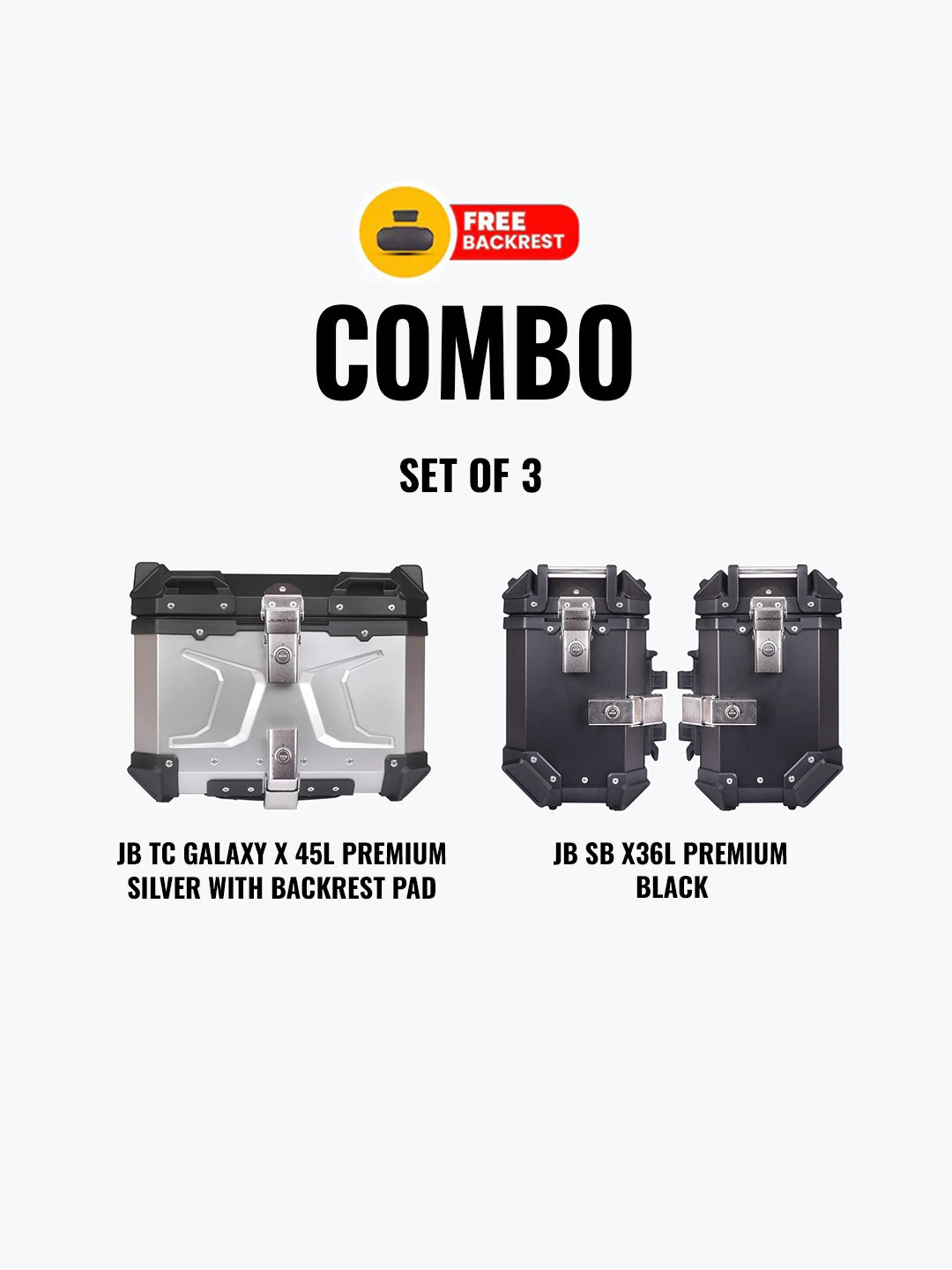 JB Racing Set Of 3 Combo Of JB TC Galaxy X 45L Premium Silver With Backrest Pad + JB SB X36L Premium Black