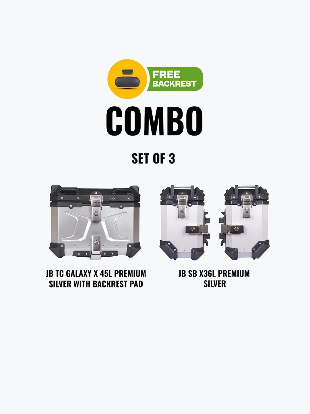 Jb Racing Set Of 3 Combo Of JB TC Galaxy X 45L Premium Silver With Backrest Pad + JB SB X36L Premium Silver